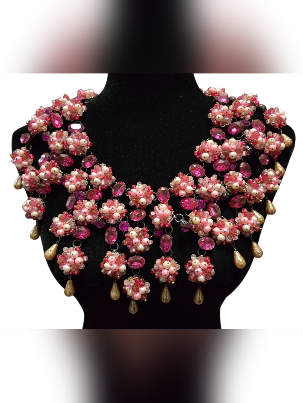 David Mandel "The Show Must Go On!" Rhinestone Beaded Pink Bib Necklace *AS IS*